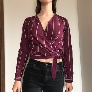 Maroon White & Navy Striped Tie Blouse Size Small